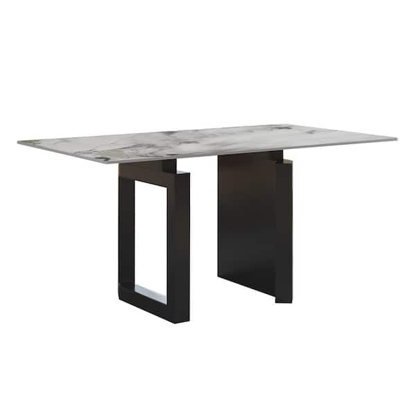 Modern Rectangle White Ice Crystal Jade Stone Top 62.99 in Black Titanium Stainless Double Pedestal Dining Table 6 Seats