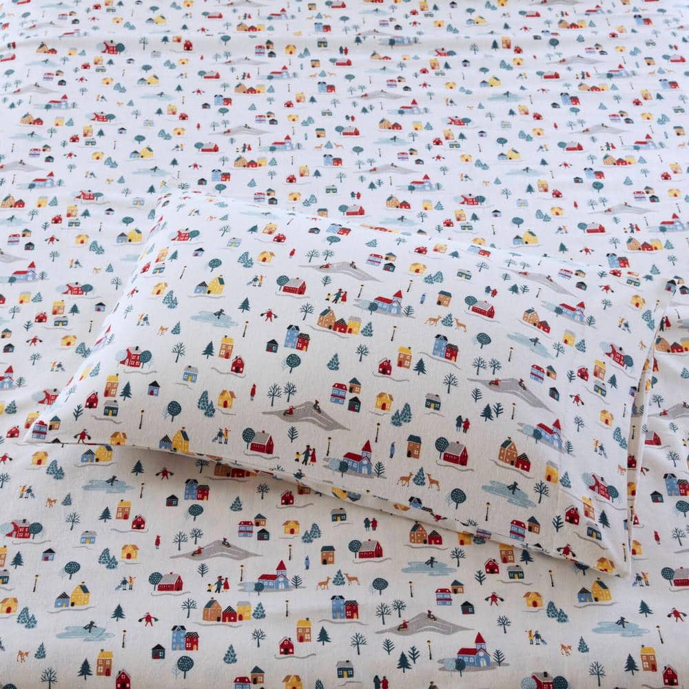 Full Size White Cotton Flannel Sheet Set with Village Print