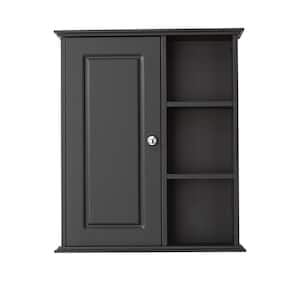 24 in. W x 7 in. D x 28 in. H Black Over Toilet Bathroom Storage Wall Cabinet with 1-Doors and Open 3-Tier Shelf, in MDF