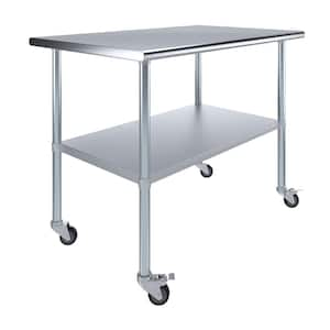 30 in. x 48 in. Stainless Steel Work Table with Casters : Mobile Metal Kitchen Utility Table with Bottom Shelf