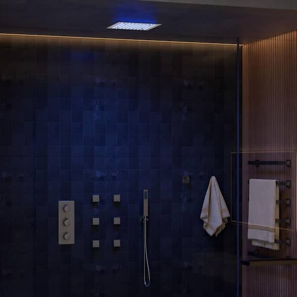 SWAINS Thermostatic 5-Spray Ceiling Mount Handheld Shower Head 1.8 GPM LED Chromotherapy Shower Faucet in Brushed Nickel