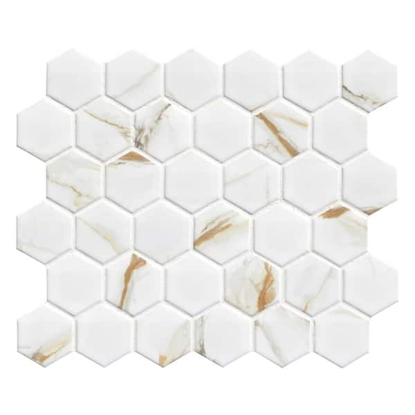 Calacatta Gold 2 in. Hexagon 12 in. x 13 in. x 0.24 in. Matte Porcelain Mesh-Mounted Mosaic Tile (0.99 sq. ft./Each)