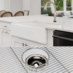 Luxury White Solid Fireclay 36 in. Single Bowl Farmhouse Apron Kitchen Sink with Polished Nickel Accs and Flat Front