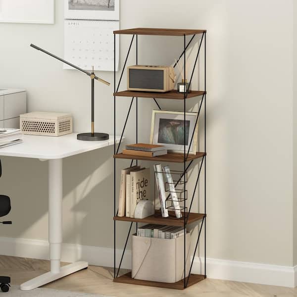 Furinno Rata 51.89 in. Tall Columbia Walnut Wood 5-Shelf Flat Base Bookcase with Metal Frame