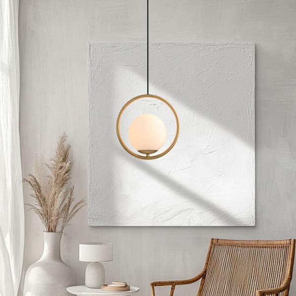 Ceder 1-Light 9.8 in. W Aged Gold Minimalist Chandelier Ring Pendant with Opal Glass for Kitchen Island