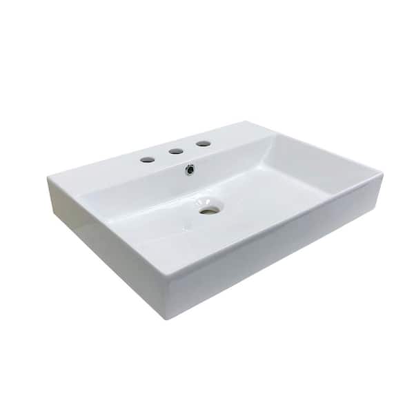 WS Bath Collections Energy 60 Wall Mount / Vessel Bathroom Sink in Ceramic White with 3 Faucet Holes
