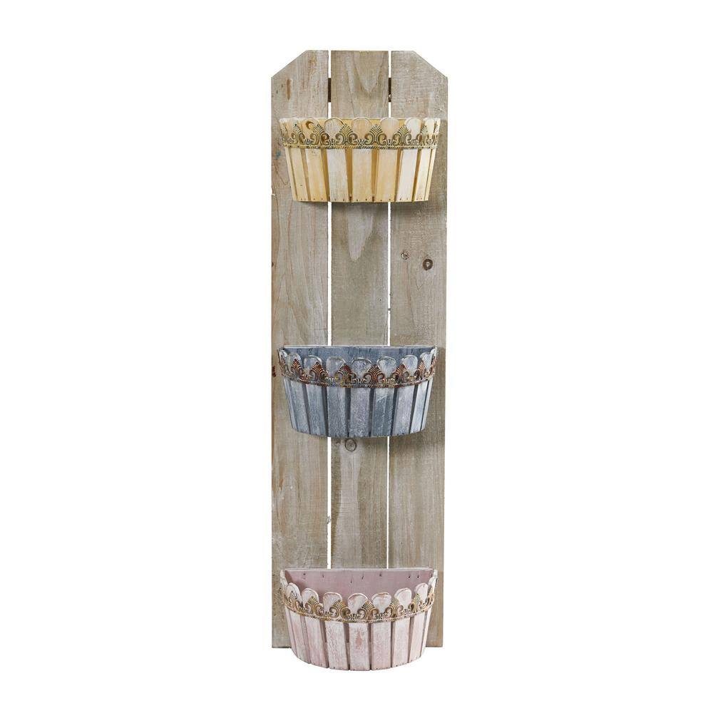 Rustic Wooden 35" Triple Basket Wall Planter for Indoor/Outdoor