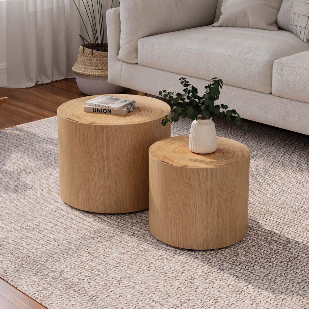 19 in. Natural Round MDF Nesting Coffee Table Farmhouse Small Sofa