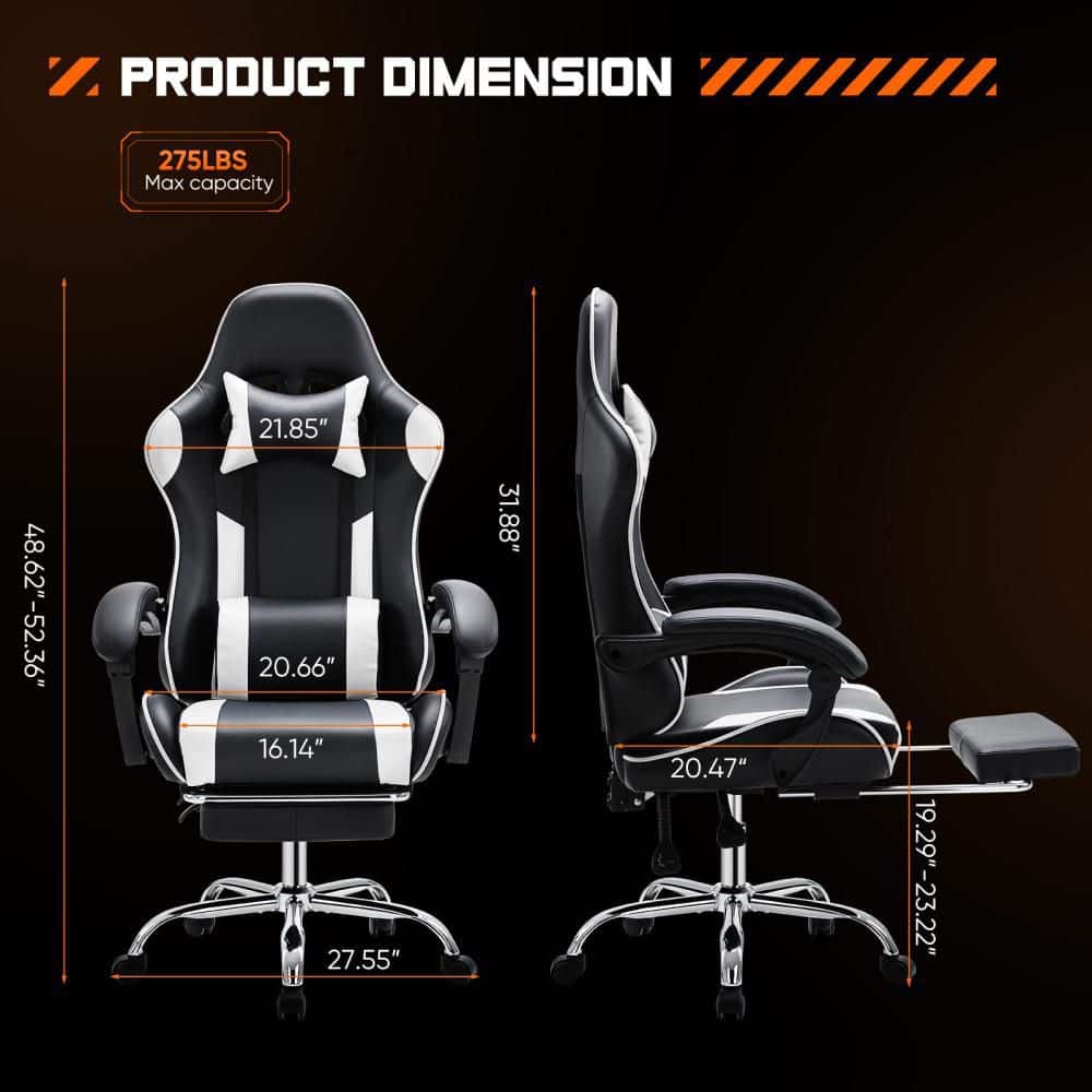 Ergonomic Gaming Chair-Highback PU Leather Recliner w/Spring Cushion,Stretchable Footrest,Lumbar Support-Black and White - Thumbnail 3