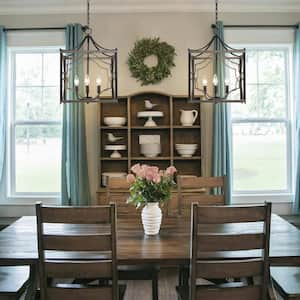 Modern Farmhouse Brushed Silver 4-Light Candlestick Chandelier with Faux Wood Cage Shade Brown Island Pendant Lantern