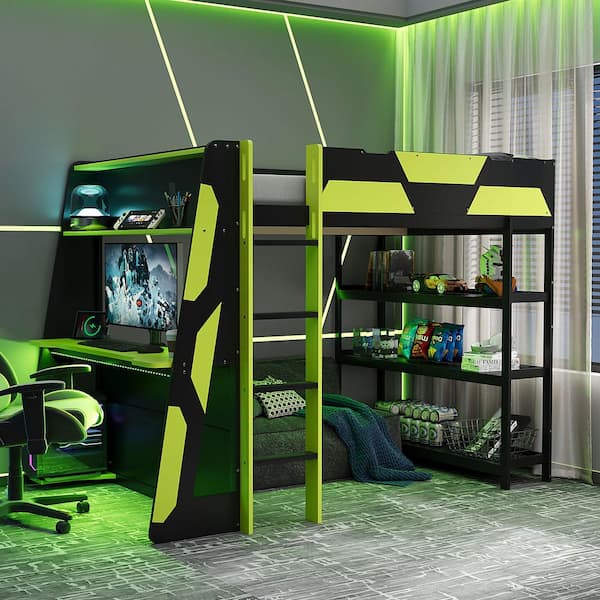 Black/Green Full Wood Loft Bed with Desk