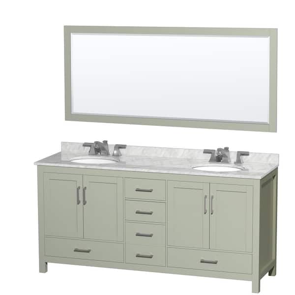 Wyndham Collection Sheffield 72 in. W x 22 in. D x 35 in. H Double Bath Vanity in Light Green with White Carrara Marble Top and 70" Mirror