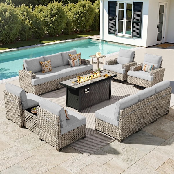 XIZZI Canterbury Bell 13 Pieces Wicker Outdoor Patio Rectangular Fire Pit Set and Swivel Rocking Chairs with Gray Cushions