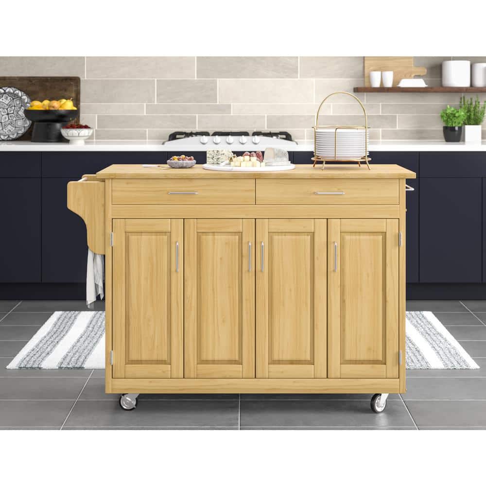 Natural Wood Kitchen Cart with Spice Rack and Storage