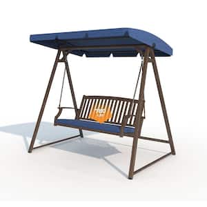 Farmhouse Porch 2-Person Metal Patio Swing Chair Porch Swing with Adjustable Tilt Canopy and Removable Cushion Dark Blue
