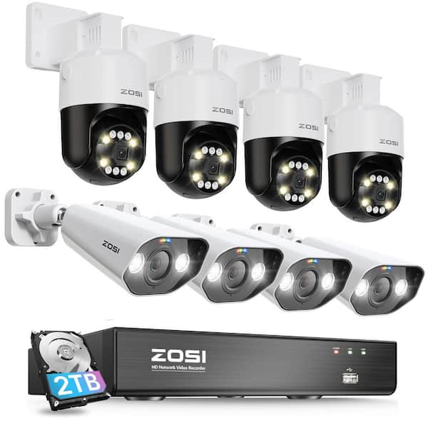 ZOSI 4K 8-Channel 2TB POE NVR Security Camera System with 8-Wired 5MP 360 PTZ Outdoor Audio Cameras, 24/7 Surveillance