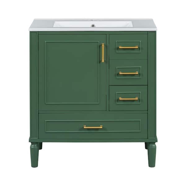 30 in. Single Sink Freestanding Green Bath Vanity with White Ceramic Top, Soft Close Doors
