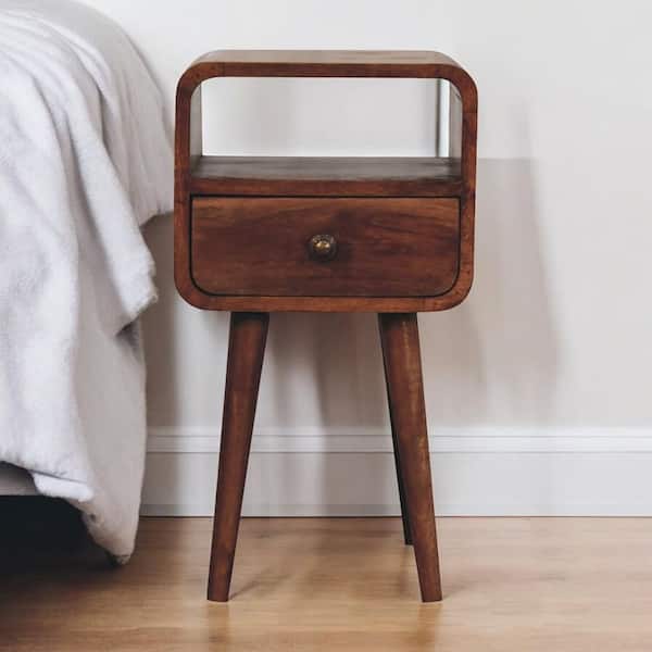 Lorana Brown 1 Drawer Solid Wood Nightstand with Nordic Legs and 1 Open Slot