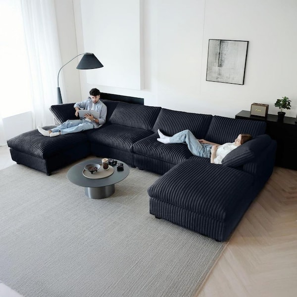 157 in. Square Arm Faux Rabbit Fur Velvet 6-Piece Free Combination Cloud Modular Sectional Sofa with Ottoman in Black