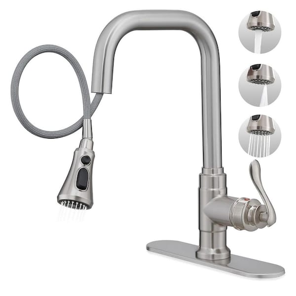 3-Mode Brushed Nickel 14.5 in. H Pull Down Sprayer Kitchen Faucet with 360° Swivel Spout, Deck Plate and Hoses