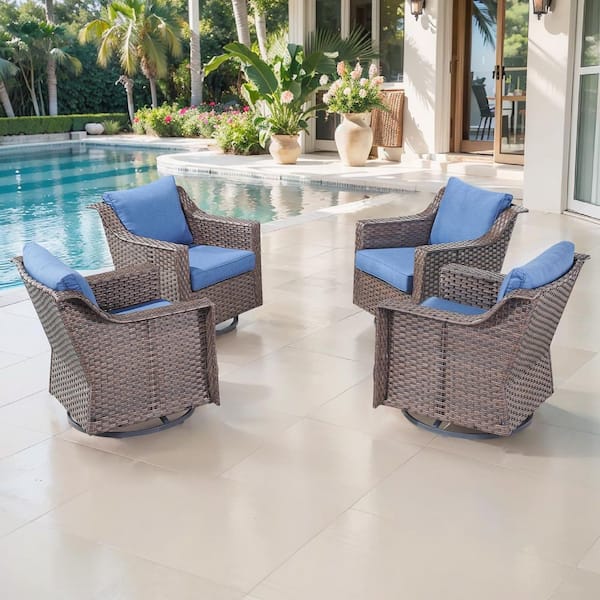 Bellefurn Thrive 4-Piece Brown Wicker Outdoor Rocking Chair Patio Furniture Swivel Glider Set Deep Seating with Blue Cushions