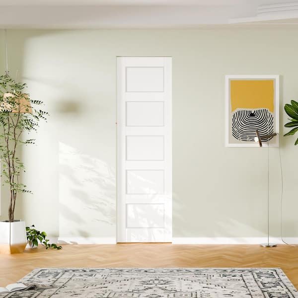 24 in. x 80 in. 5 Panel, Solid Core, DIY Painted, White Primed, MDF, Pre-Assembled Sliding Door with All Hardware