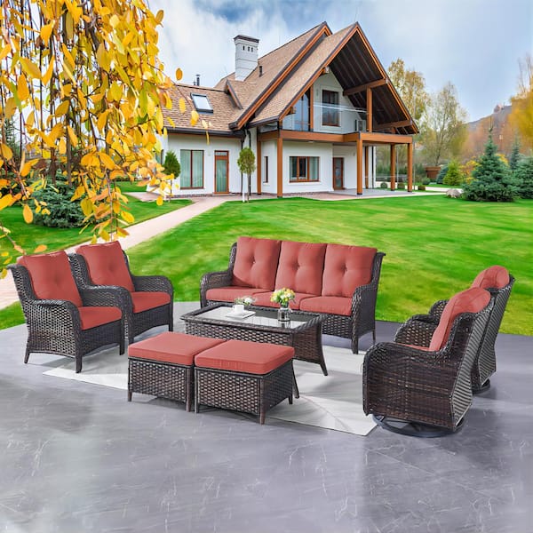 Carolina 8-Piece Wicker Patio Conversation Set with Red Cushions