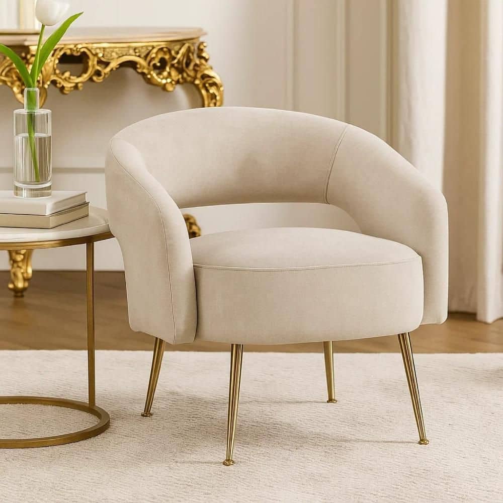 Benjara Noel Taupe Brown and Gold Velvet Accent Arm Chair with
