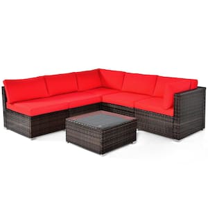 6-Pieces Rattan Outdoor Sectional Sofa Set Patio Furniture Set with Red Cushions