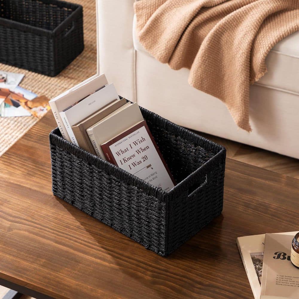 2-Pack Black Wicker Storage Baskets with Handles (13.4×7.1×8.3
