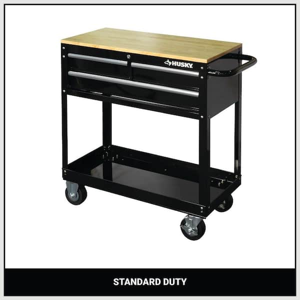 Husky Tool Storage 3-Drawer 36 in. W Standard Duty Gloss Black Rolling Tool Cart with Hardwood Top