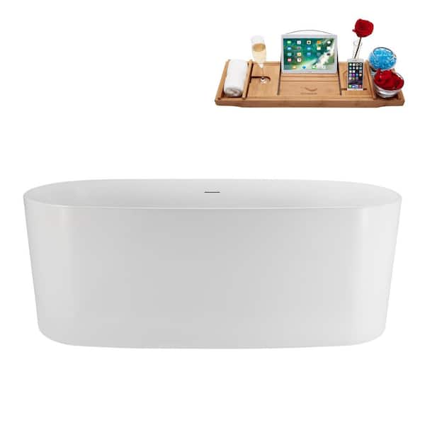 Streamline 67 in. x 31 in. Acrylic Freestanding Soaking Bathtub in Glossy White with Matte Oil Rubbed Bronze Drain, Bamboo Tray