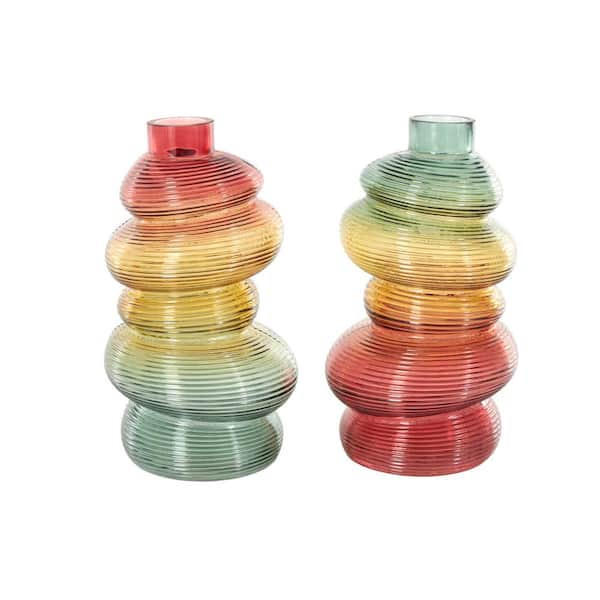 Litton Lane 12 in. Multi-Colored Ribbed Glass Gourd Decorative Vase with Color Blocks (Set of 2)