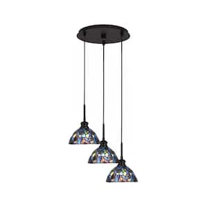 Albany 60-Watt 14.25 in. 3-Light Espresso Cord Pendant Light Blue Mosaic Art Glass Shade