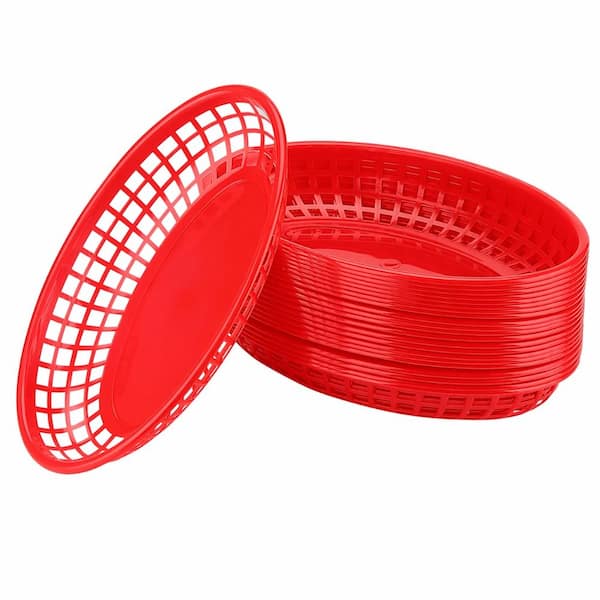 50-Pack 8.8 x 5.5 in. Red Oval Plastic Food Serving Baskets with 100 Checkered Deli Liners