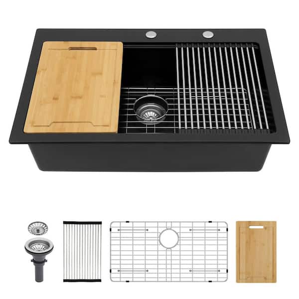33 in. Drop in Single Bowl Quartz Workstation Kitchen Sink in Matte Black with Bottom Grid and Accessories