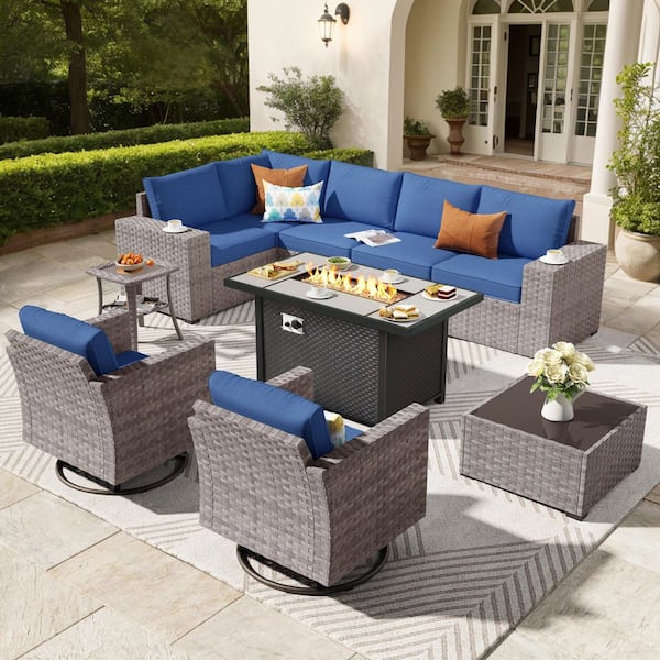 XIZZI Beatrice 10-Piece Wicker Patio Rectangular Fire Pit Set with Navy Blue Cushions and Swivel Rocking Chairs