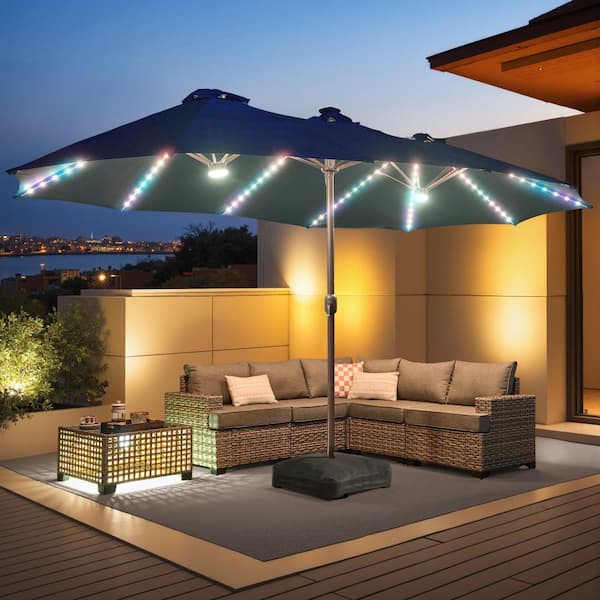 15 ft. × 9 ft. Metal Solar LED Lights Double-sided Market Patio Umbrella with Base and Crank in Royal Blue