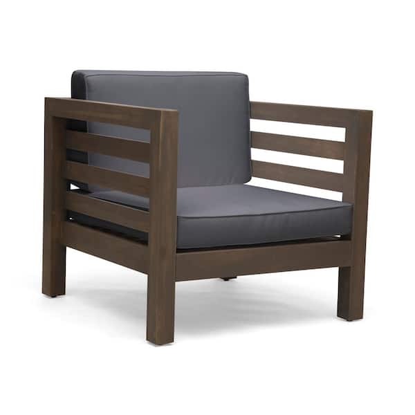 SpassWay 1-Piece Mid-Century Modern Club Chair with Grey Water-Resistant Cushions, Acacia Wood Frame, for Outdoor Patio or Garden