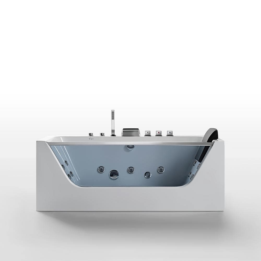 59-Inch White Acrylic Rectangular Whirlpool Bathtub with Jets and Blue Glass Panel