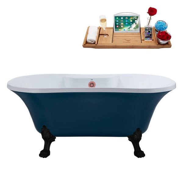 Streamline 60 in. x 32 in. Acrylic Clawfoot Soaking Bathtub in Matte Light Blue with Matte Black Clawfeet and Matte Pink Drain