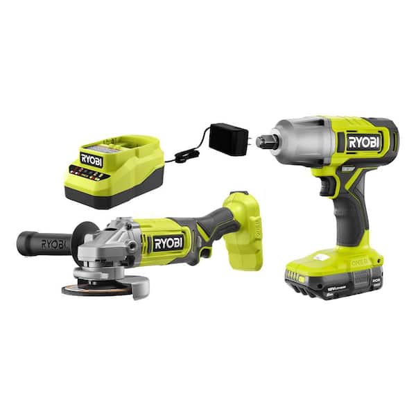 RYOBI ONE+ 18V Cordless 2-Tool Combo Kit with 1/2 in. Impact Wrench, Right Angle Grinder, 2.0 Ah Battery, and Charger