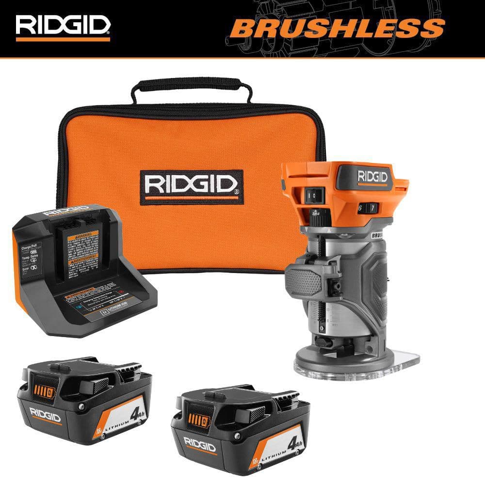 RIDGID 18V 4.0 Ah Battery (2-Pack) with Charger, Bag, and 18V Brushless ...