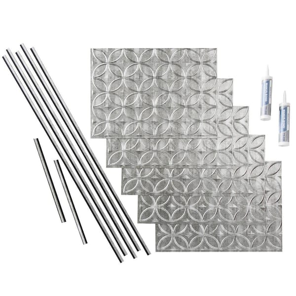 Fasade Rings 18 in. x 24 in. Crosshatch Silver Vinyl Decorative Wall Tile Backsplash 15 sq. ft. Kit