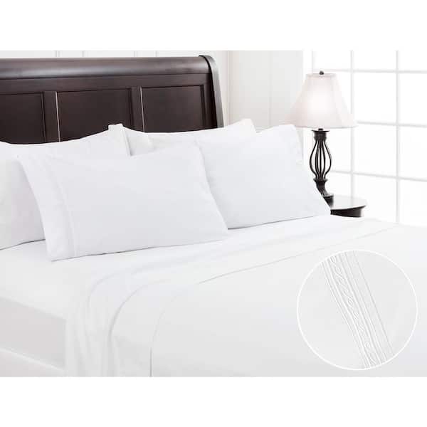 CHANASYA 3-Piece White Solid Color Embroidered Microfiber Bedsheets Set, Twin