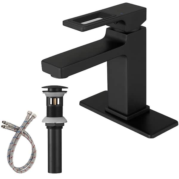 FLG Single Handle Single Hole Bathroom Faucet with Pop-up Drain and Deck Plate Brass Sink Basin Vanity Taps in Matte Black