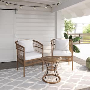 3-Piece Wicker Outdoor Conversation Set with Vanilla White Cushions
