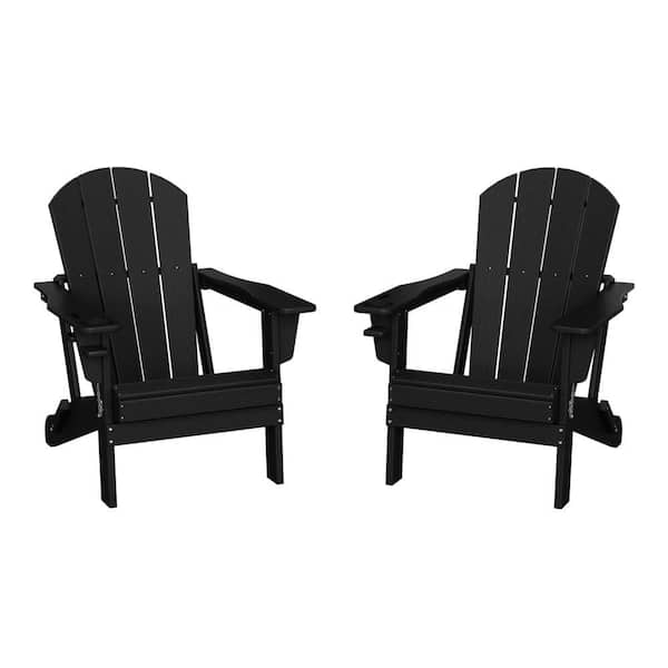 Alvaro Black Outdoor Patio Weather Proof HDPE Plastic Folding Adirondack Chair with Cup Holder, Set of 2