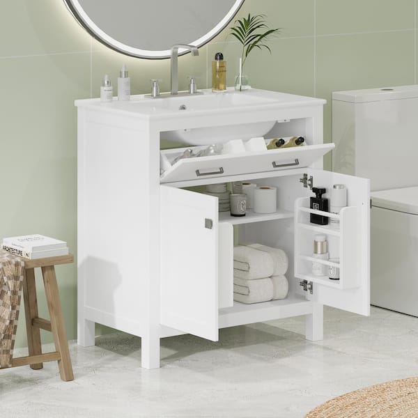 Magic Home 30 in. x 18 in. x 34 in. Bath Vanity Freestanding Storage Cabinet in White with White Caremic Top, Flip-out Drawer