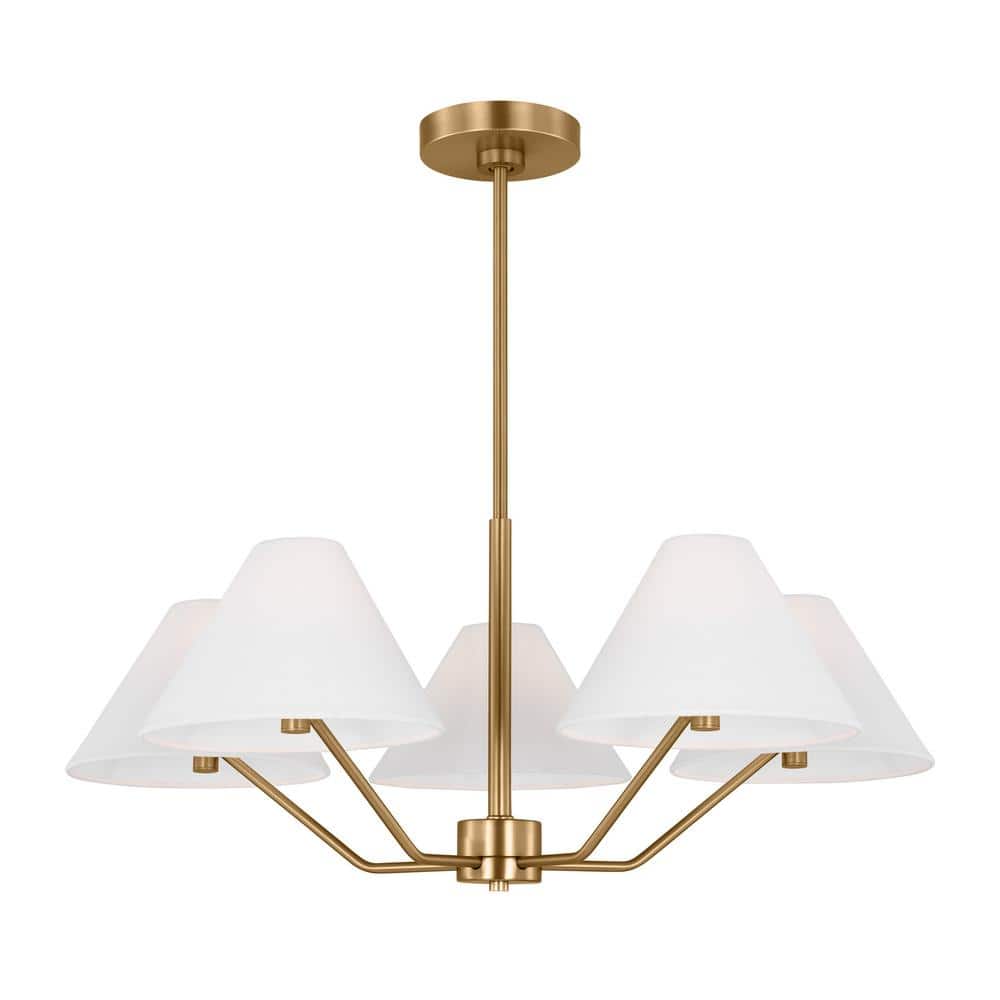 Burke Satin Brass 5-Light Chandelier with White Linen Shade